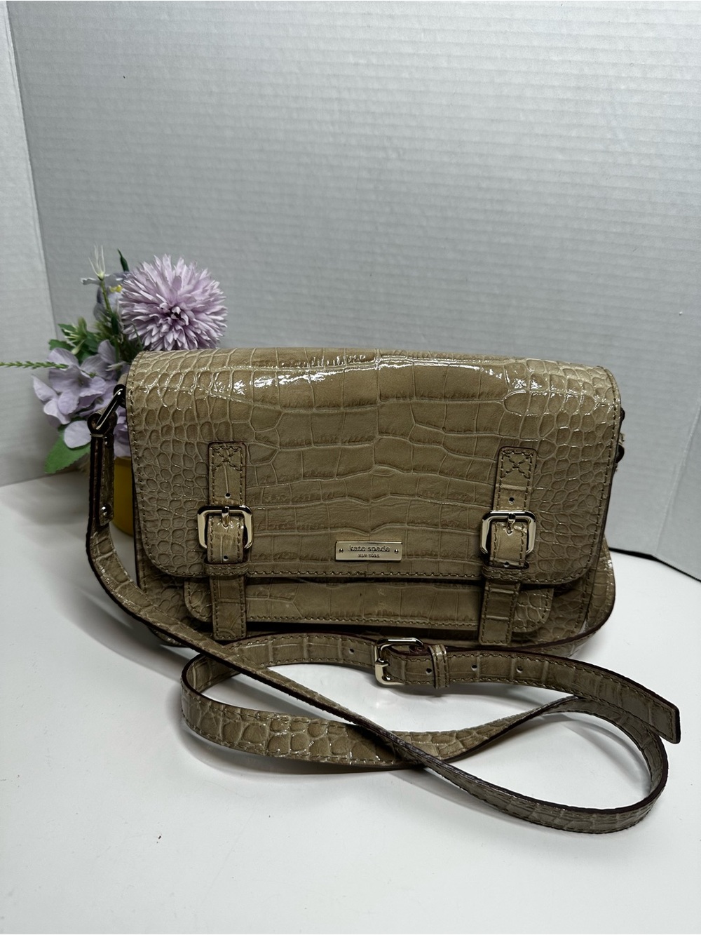 kate spade taupe croc-embossed leather crossbody with buckle accents